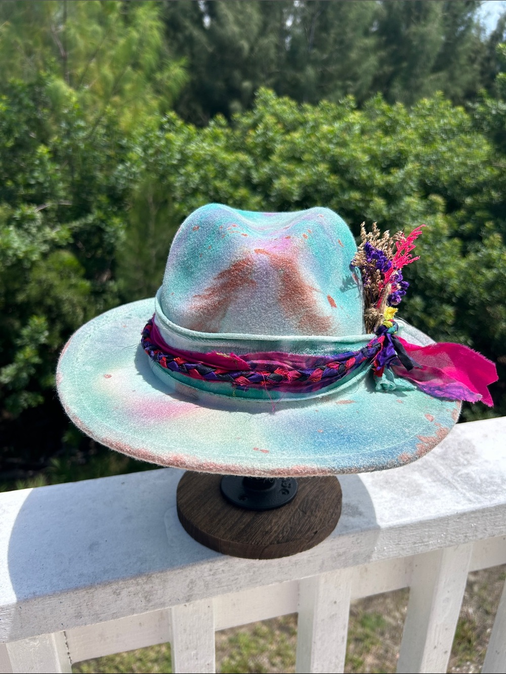 Hand Crafted Turquoise Tie-Dye Fedora with Magenta Braided Band